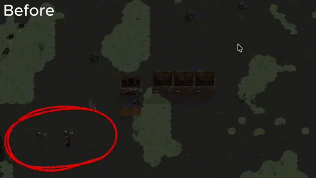 In-game clip still labelled Before: two survivors circled in red, stuck on their path near the settlement.